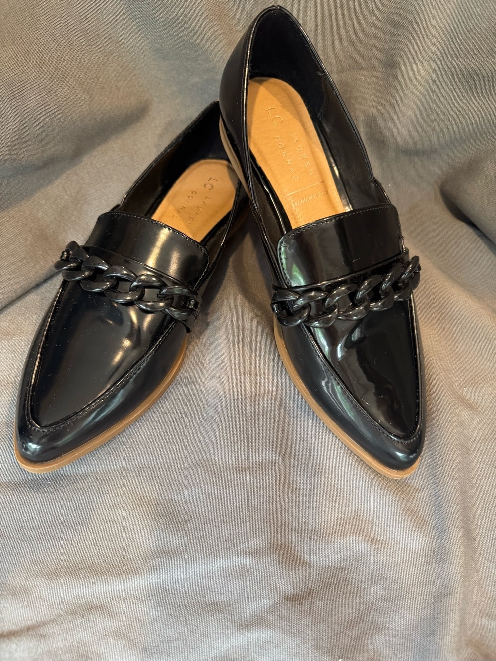 LC Lauren Conrad Black Patent Pointed Loafers with Chain Trim Dressy Office 7.5M